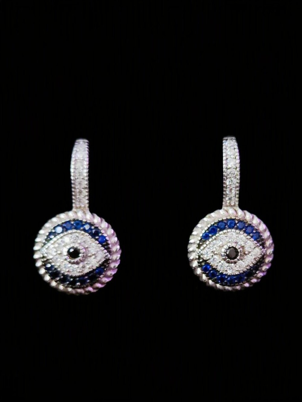 Vintage 2000 Sterling Silver CZ & Lab Blue Sapphire Evil Eye Lever Back Earrings